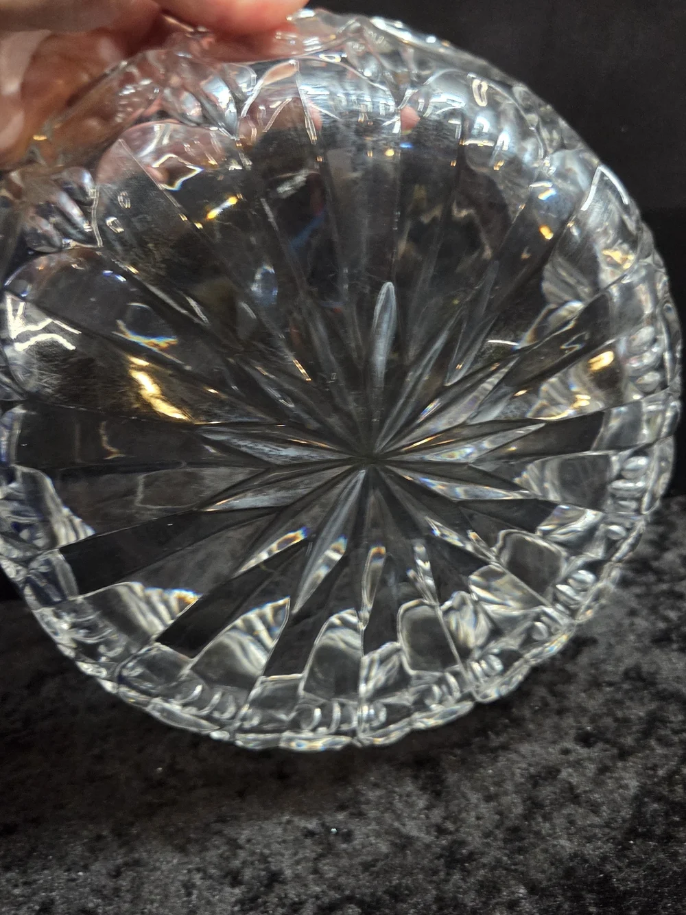 Vtg Heavy Cut Lead Crystal Centerpiece Bowl Starburst Base & Thumbprint Rim 9.5”